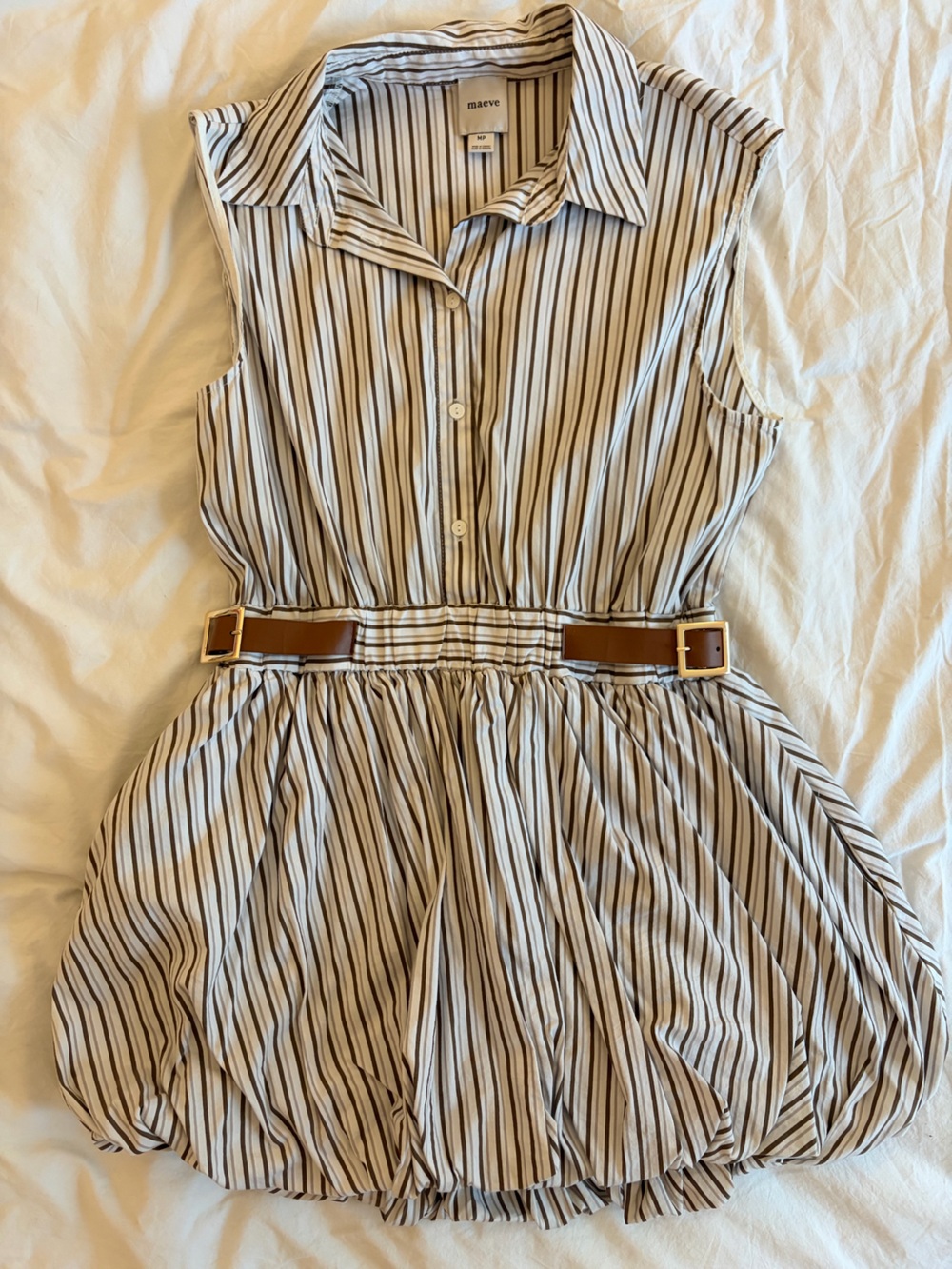 Maeve Cream and Brown Striped Sleeveless Button-Down Dress with Belt